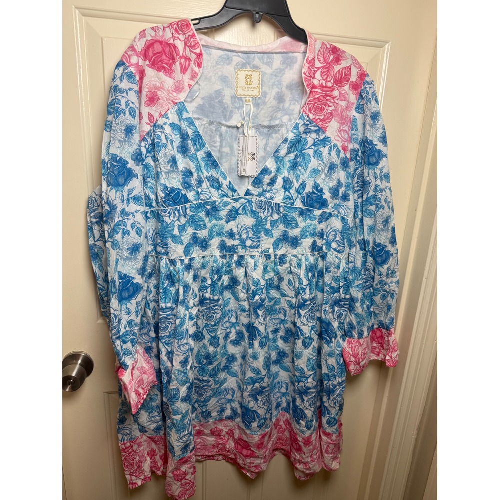 Simply Southern Floral Rose V-Neck Cotton Dress Blue Pink XXL NWT